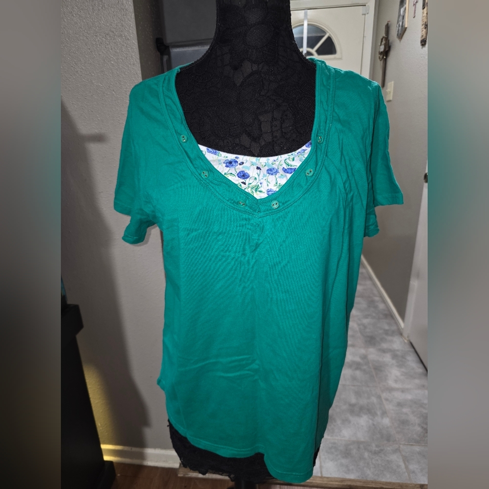 Basic Editions Teal Short Sleeve Top with Floral Detail